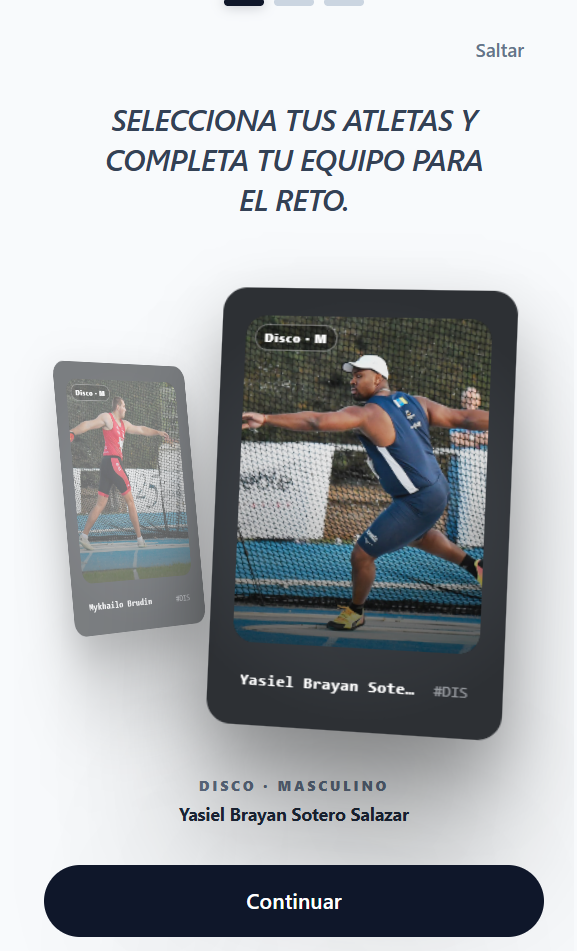 Pantalla de la aplicación El Reto, con la selección de atletas y creación de equipo